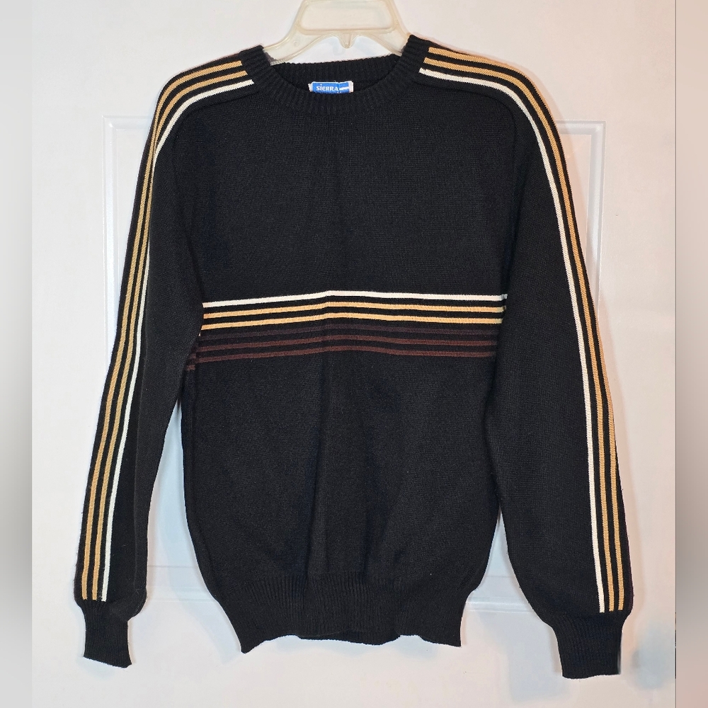 Sierra Pacific Black Crew Neck Sweater with Brown and Cream Stripes